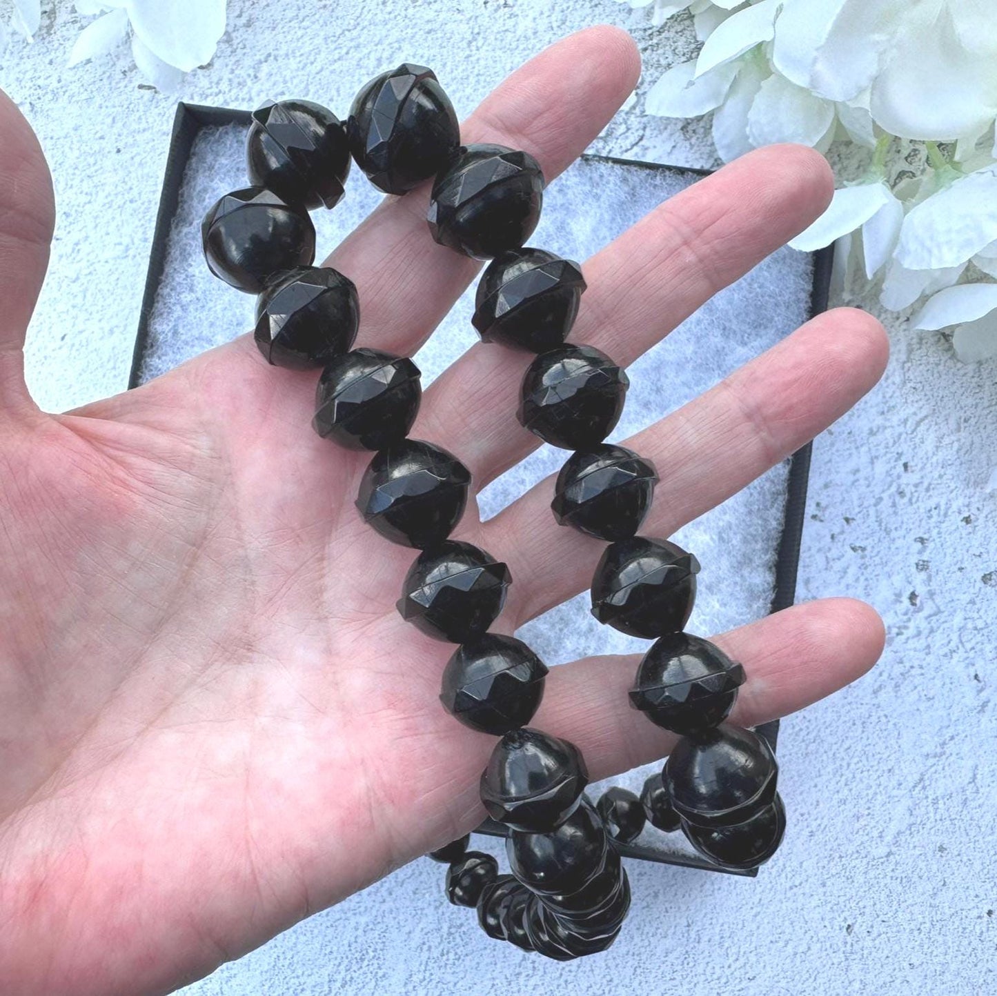 Antique Victorian Whitby Jet Faceted Bicone Bead 24"/61cm Necklace. Genuine Victorian Whitby Jet Bead Necklace. English Mourning Necklace