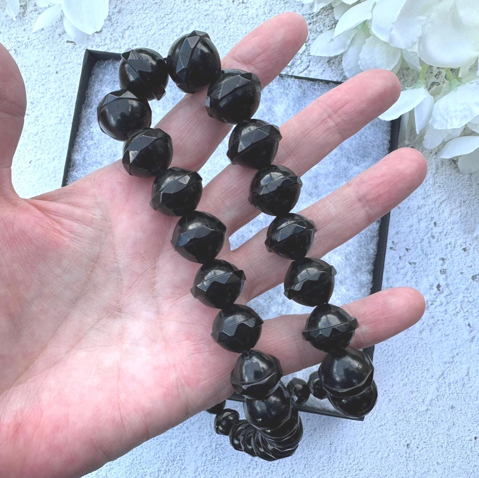 Antique Victorian Whitby Jet Faceted Bicone Bead 24"/61cm Necklace. Genuine Victorian Whitby Jet Bead Necklace. English Mourning Necklace
