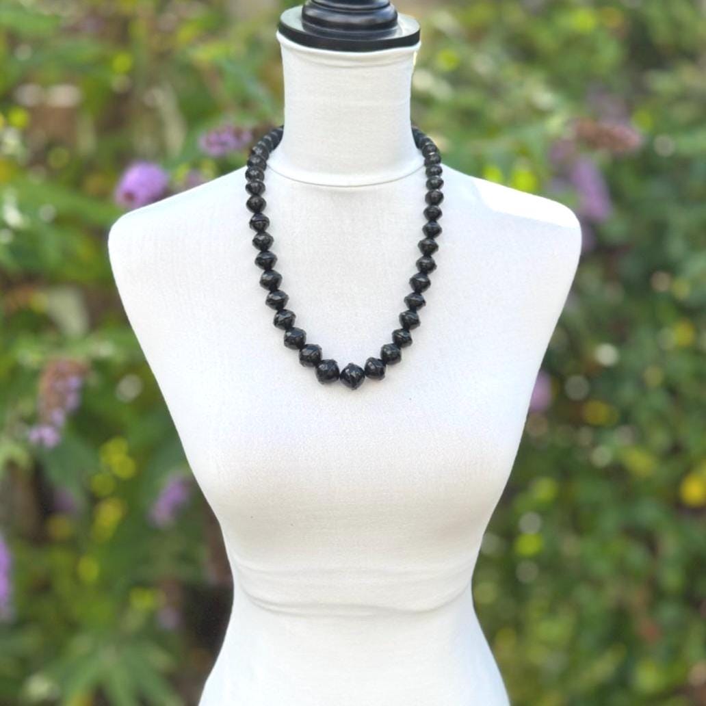 Antique Victorian Whitby Jet Faceted Bicone Bead 24"/61cm Necklace. Genuine Victorian Whitby Jet Bead Necklace. English Mourning Necklace