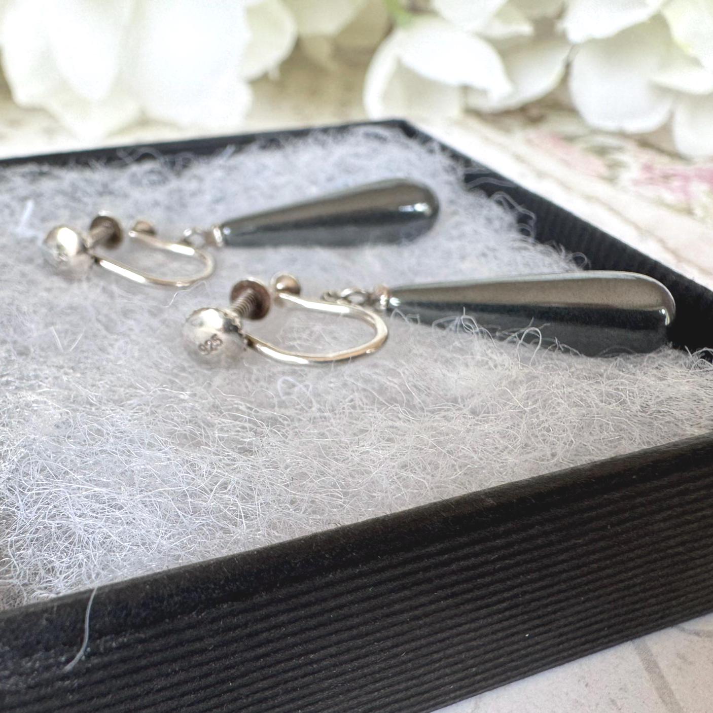 Antique Art Deco Sterling Silver Black Spinel Pendeloque Earrings