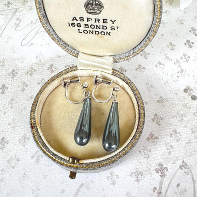 Antique Art Deco Black Spinel Sterling Silver Torpedo Earrings. Black Gemstone Teardrop Earrings. Vintage 1930s Screw-Back Drop Earrings
