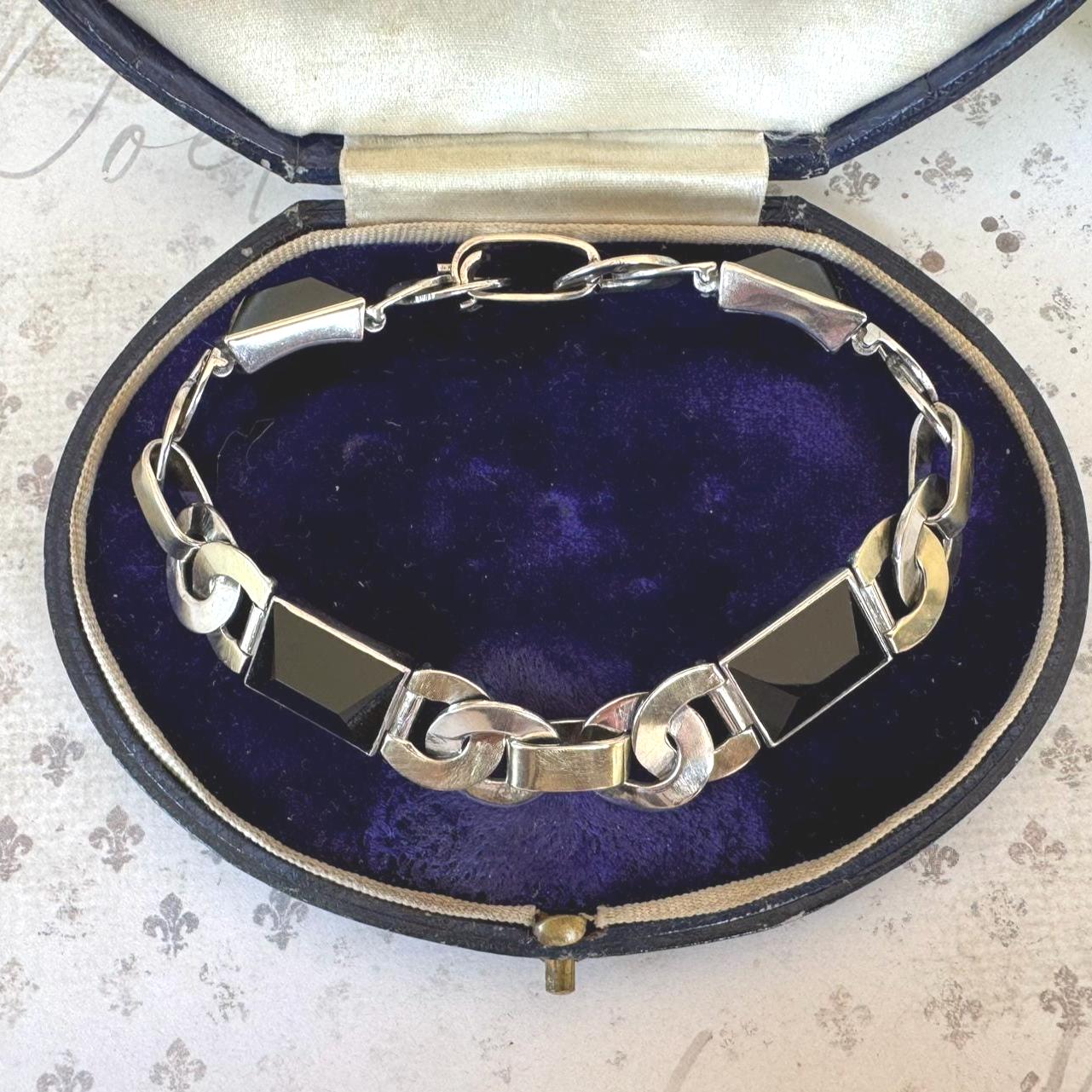 Antique Art Deco Gold & Silver Onyx Eternity Ring Bracelet. Black Sugar Loaf Gemstone Eternal Bond Bracelet. Geometric Silver Panel Bracelet