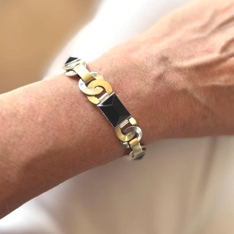 Antique Art Deco Gold & Silver Onyx Eternity Ring Bracelet. Black Sugar Loaf Gemstone Eternal Bond Bracelet. Geometric Silver Panel Bracelet