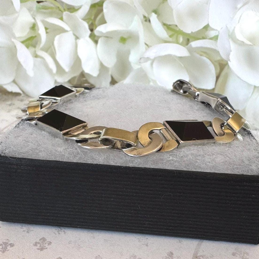 Antique Art Deco Gold & Silver Onyx Eternity Ring Bracelet. Black Sugar Loaf Gemstone Eternal Bond Bracelet. Geometric Silver Panel Bracelet