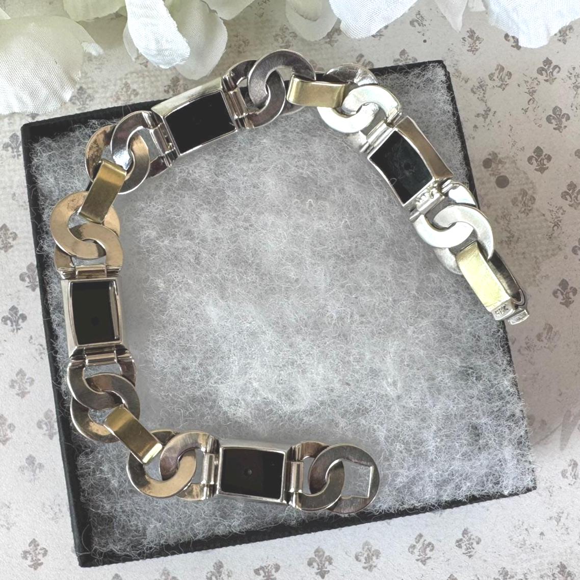 Antique Art Deco Gold & Silver Onyx Eternity Ring Bracelet. Black Sugar Loaf Gemstone Eternal Bond Bracelet. Geometric Silver Panel Bracelet