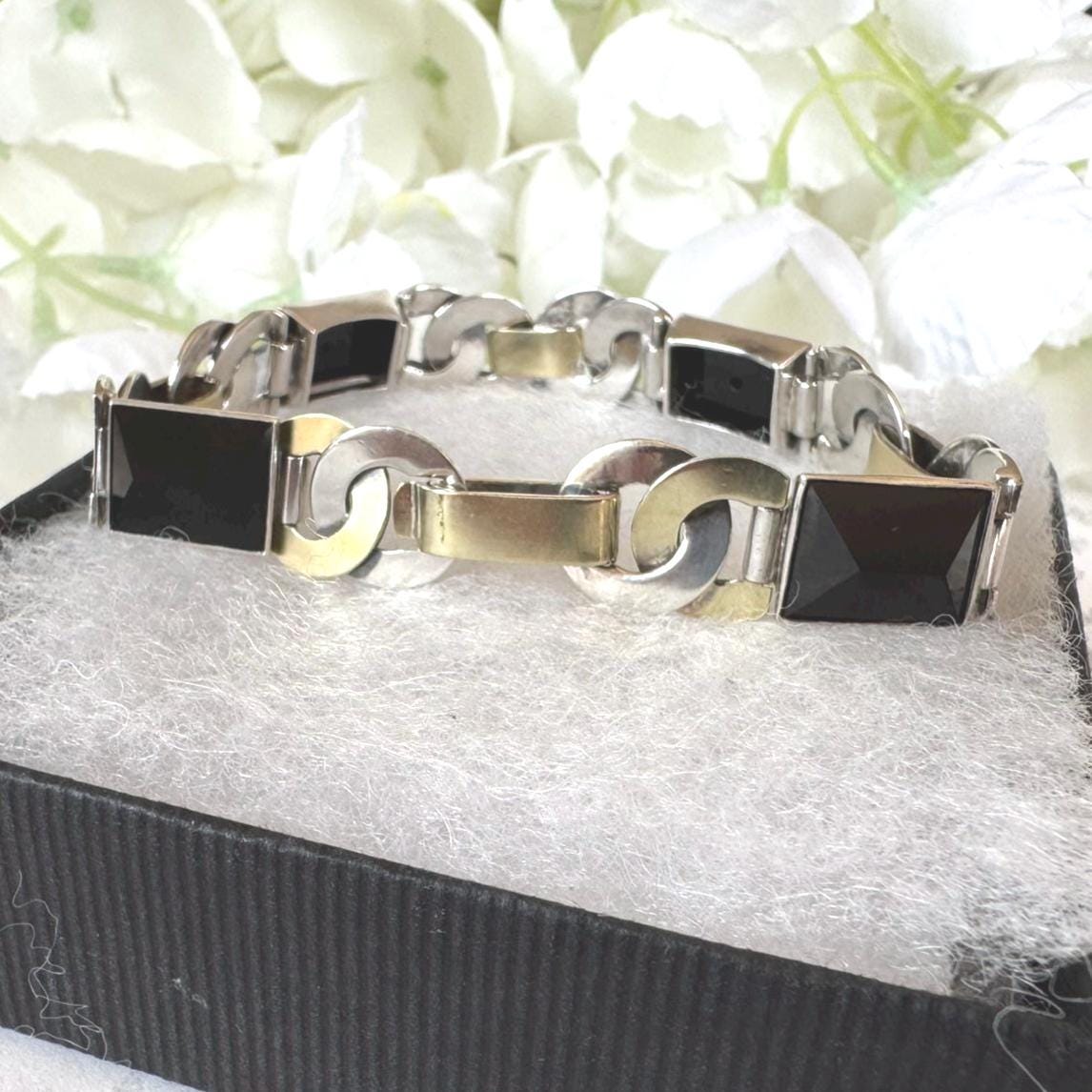 Antique Art Deco Gold & Silver Onyx Eternity Ring Bracelet. Black Sugar Loaf Gemstone Eternal Bond Bracelet. Geometric Silver Panel Bracelet