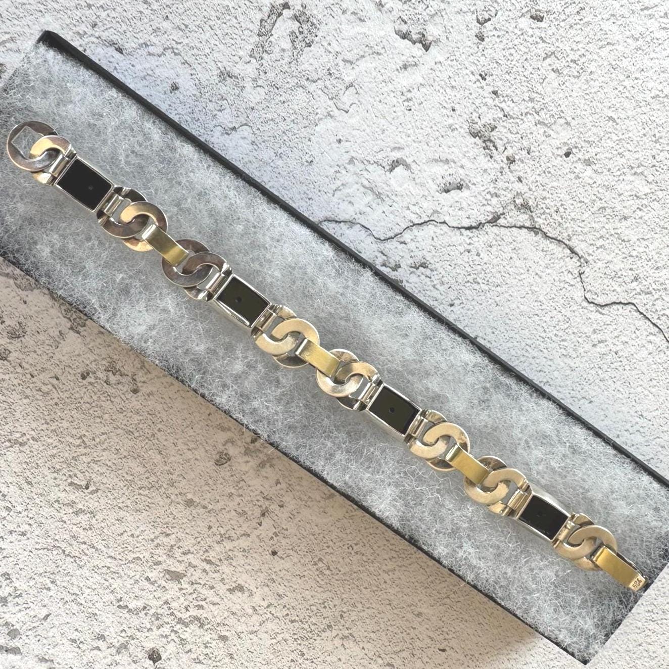 Antique Art Deco Gold & Silver Onyx Eternity Ring Bracelet. Black Sugar Loaf Gemstone Eternal Bond Bracelet. Geometric Silver Panel Bracelet