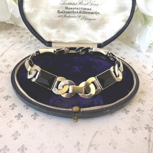 Antique Art Deco Gold & Silver Onyx Eternity Ring Bracelet. Black Sugar Loaf Gemstone Eternal Bond Bracelet. Geometric Silver Panel Bracelet