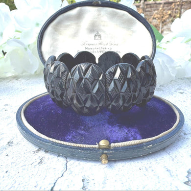 Antique Victorian Carved Whitby Jet Bracelet. Wide Faceted Black Gemstone Mourning Bracelet. Antique Whitby Jet Stretch Cuff Bracelet