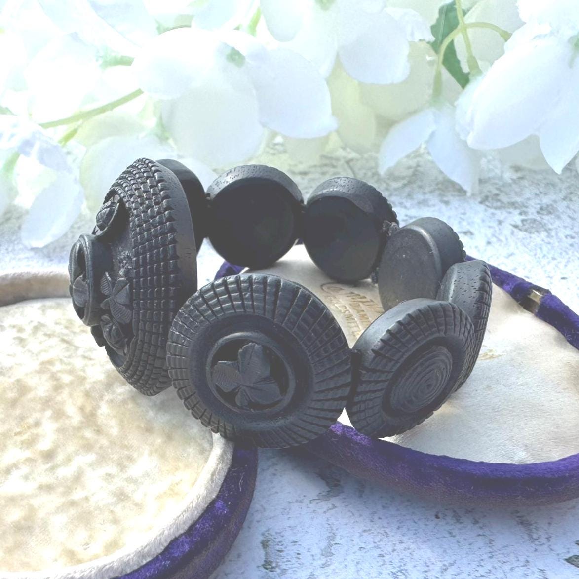 Rare Antique Victorian Irish Bog Oak Shamrock Bracelet. Victorian Carved Black Wood Panel Bracelet. Stretch Fitted Mourning Bracelet Cuff