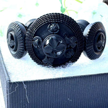 Lade das Bild in den Galerie-Viewer, Rare Antique Victorian Irish Bog Oak Shamrock Bracelet. Victorian Carved Black Wood Panel Bracelet. Stretch Fitted Mourning Bracelet Cuff
