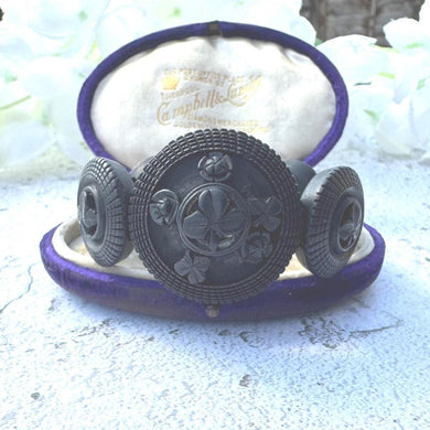 Rare Antique Victorian Irish Bog Oak Shamrock Bracelet. Victorian Carved Black Wood Panel Bracelet. Stretch Fitted Mourning Bracelet Cuff