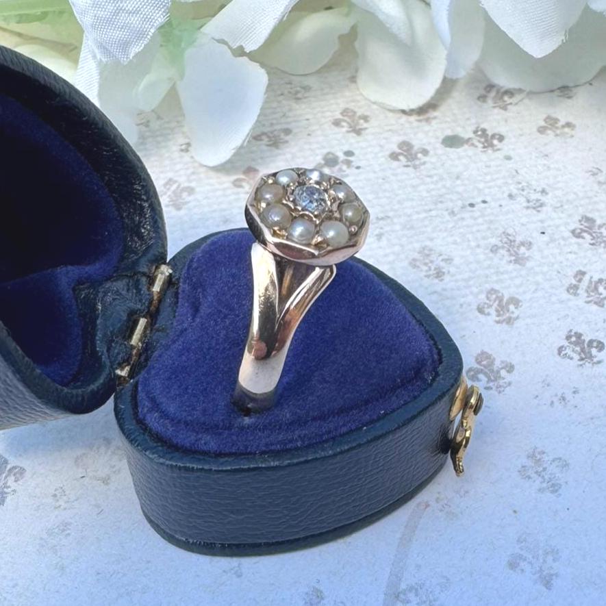Antique Victorian 15ct Gold Rose Cut Diamond & Pearl Cluster Ring: UK Size O, US 8