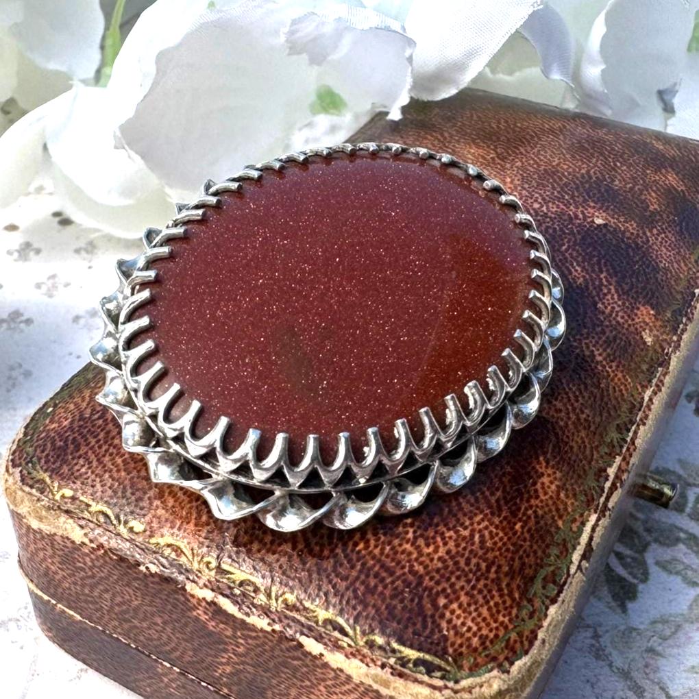 Vintage English Silver Goldstone Oval Brooch. Victorian Scottish Inspired Sterling Silver Aventurine Glass Cabochon Brooch, Paul Edward Bunn
