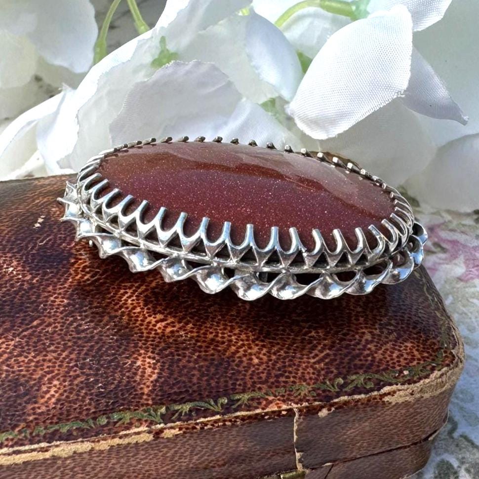 Vintage English Silver Goldstone Oval Brooch. Victorian Scottish Inspired Sterling Silver Aventurine Glass Cabochon Brooch, Paul Edward Bunn