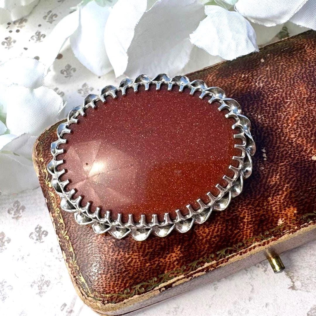 Vintage English Silver Goldstone Oval Brooch. Victorian Scottish Inspired Sterling Silver Aventurine Glass Cabochon Brooch, Paul Edward Bunn