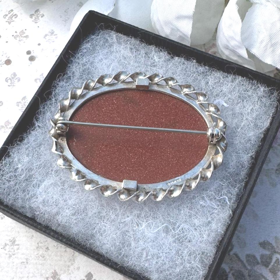 Vintage English Silver Goldstone Oval Brooch. Victorian Scottish Inspired Sterling Silver Aventurine Glass Cabochon Brooch, Paul Edward Bunn