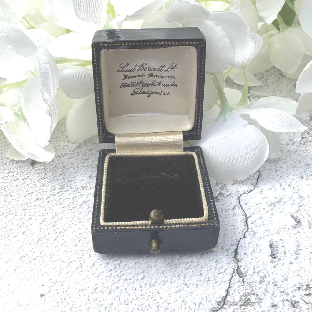 Antique Blue Leather Ring Box, Scottish Retailers Saul Bercott, Diamond Merchants Glasgow. Engagement Ring Box. Display/Gift Jewellery Box