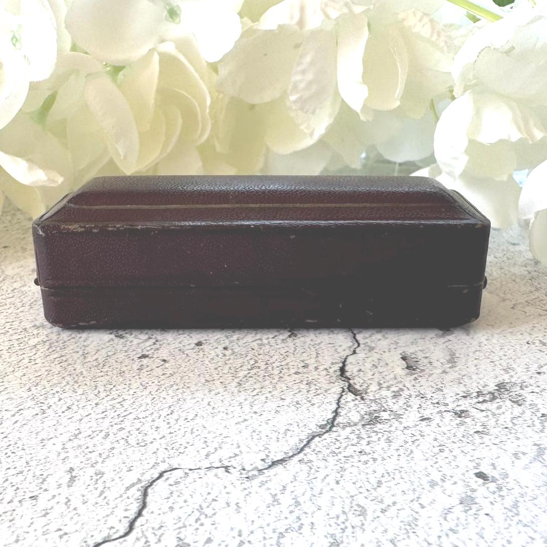 Quality Antique Maroon Leather & Blue Velvet Stick Pin Box. Long Coffin Shaped Jewellery Box For Display/Collection/Gift