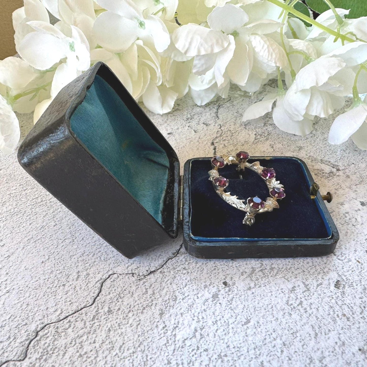 Antique Black & Gold Tooled Leather, Blue Velvet Brooch Box. Square Deep Jewellery Box With Tab For Display/Collection/Gift