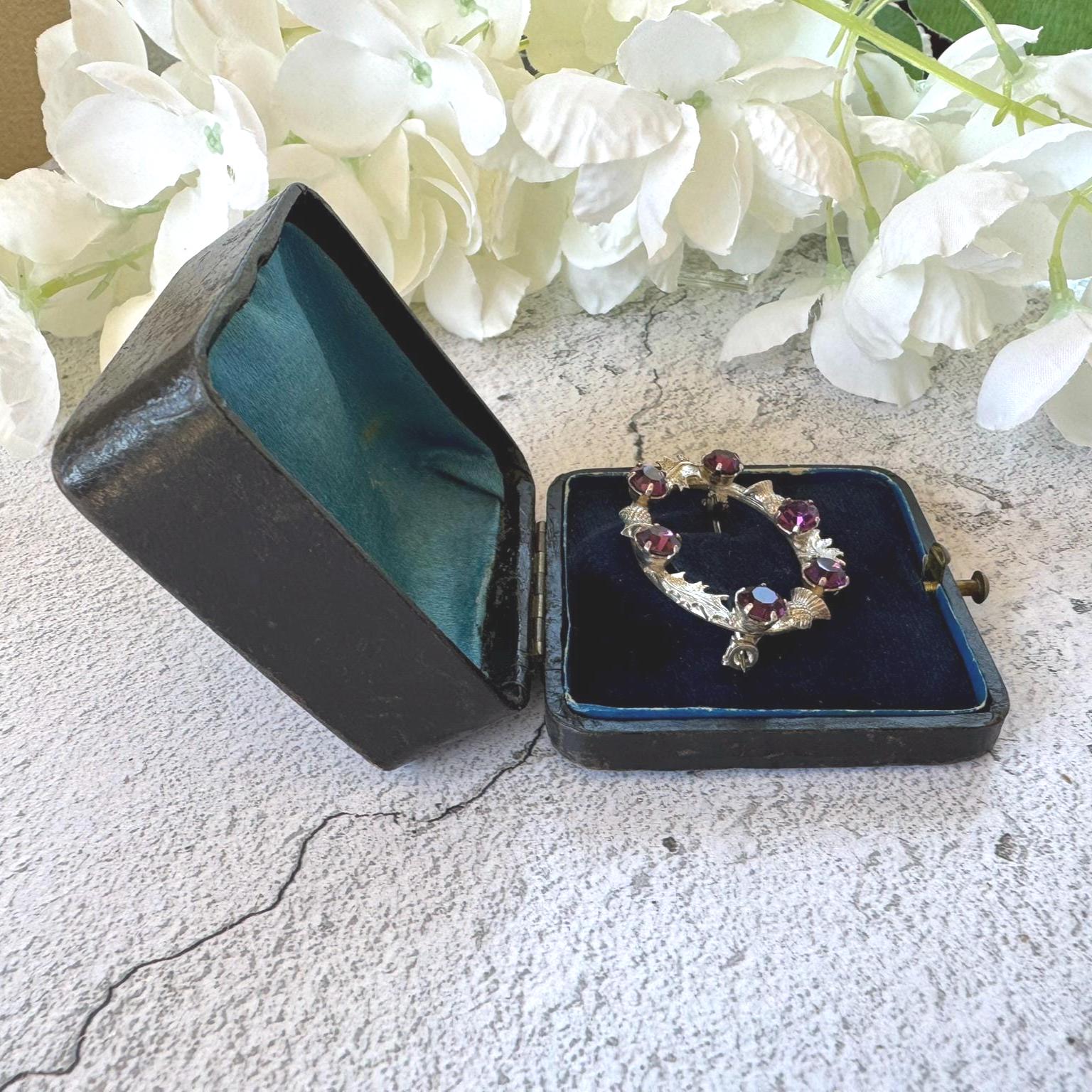Antique Black & Gold Tooled Leather, Blue Velvet Brooch Box. Square Deep Jewellery Box With Tab For Display/Collection/Gift