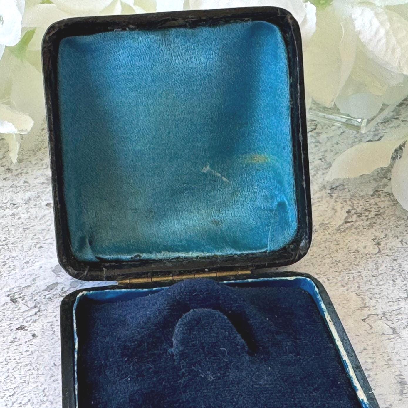 Antique Black & Gold Tooled Leather, Blue Velvet Brooch Box. Square Deep Jewellery Box With Tab For Display/Collection/Gift