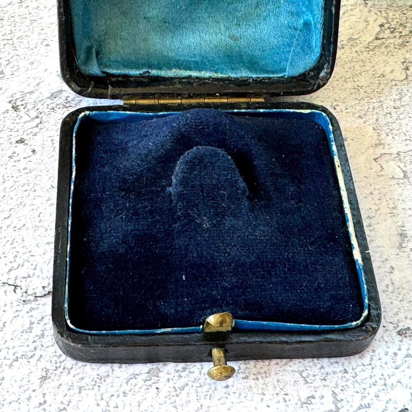 Antique Black & Gold Tooled Leather, Blue Velvet Brooch Box. Square Deep Jewellery Box With Tab For Display/Collection/Gift