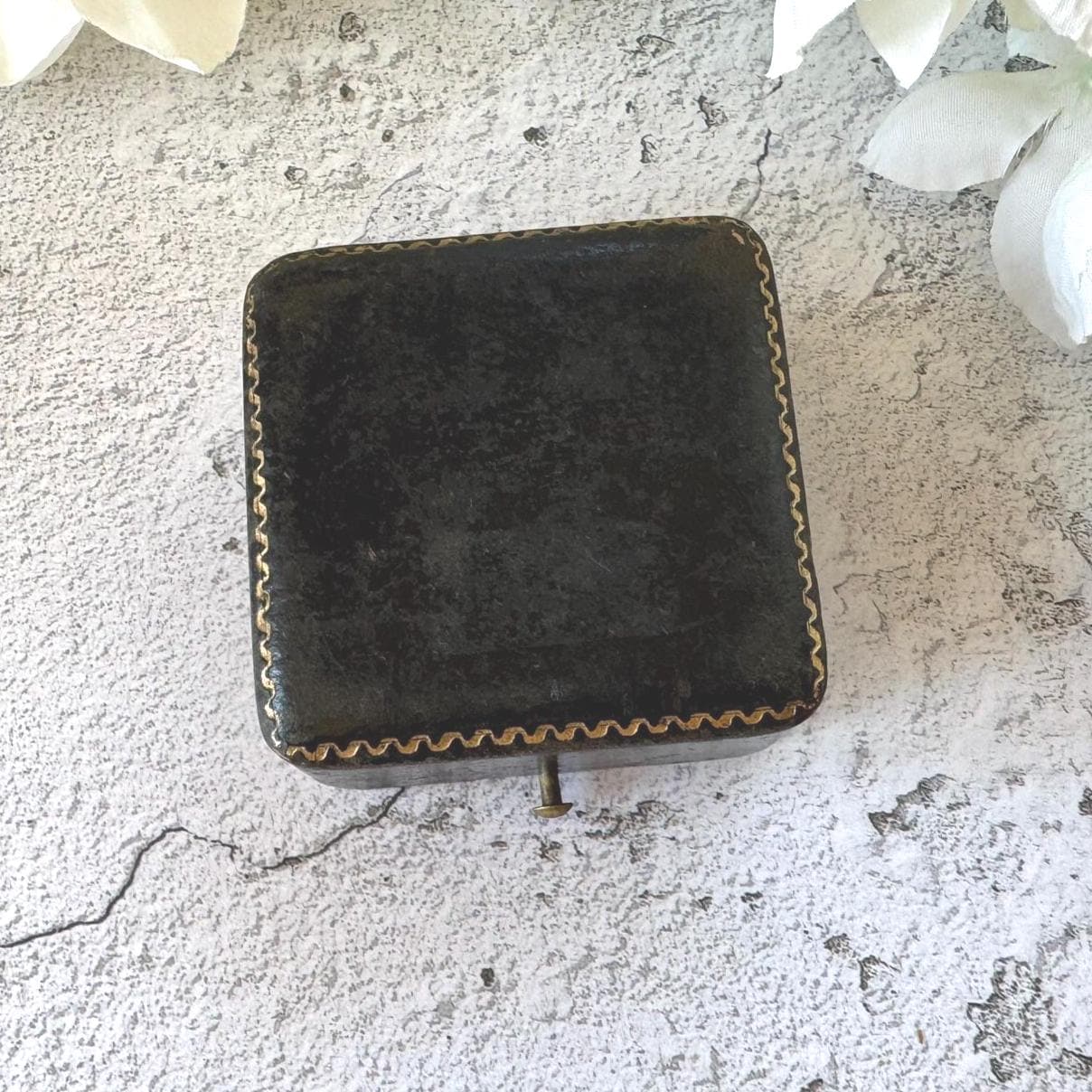 Antique Black & Gold Tooled Leather, Blue Velvet Brooch Box. Square Deep Jewellery Box With Tab For Display/Collection/Gift