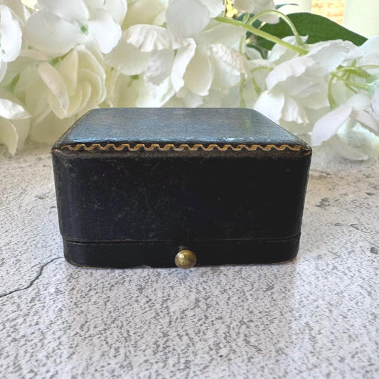 Antique Black & Gold Tooled Leather, Blue Velvet Brooch Box. Square Deep Jewellery Box With Tab For Display/Collection/Gift