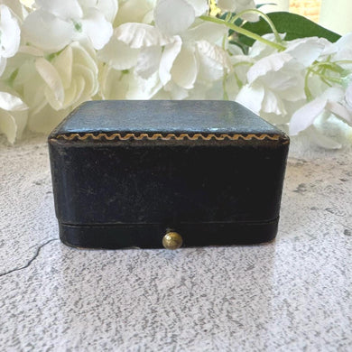 Antique Black & Gold Tooled Leather, Blue Velvet Brooch Box. Square Deep Jewellery Box With Tab For Display/Collection/Gift