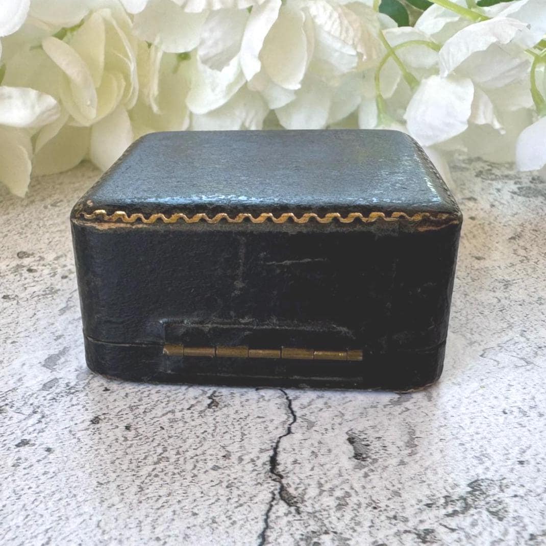 Antique Black & Gold Tooled Leather, Blue Velvet Brooch Box. Square Deep Jewellery Box With Tab For Display/Collection/Gift