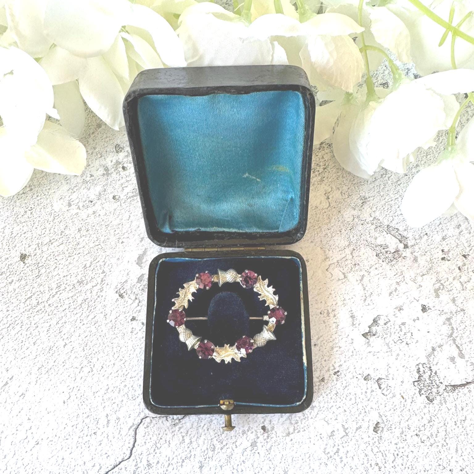 Antique Black & Gold Tooled Leather, Blue Velvet Brooch Box. Square Deep Jewellery Box With Tab For Display/Collection/Gift