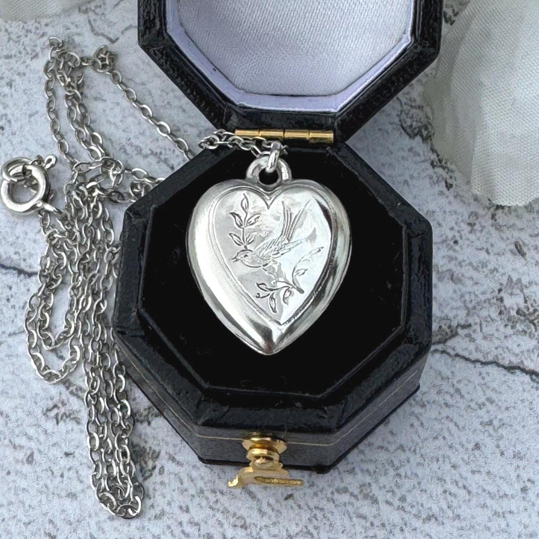 Antique Victorian Engraved Swallow Heart Pendant Necklace. Victorian Aesthetic Love Token Charm Pendant. Sterling Silver Minimalist Necklace