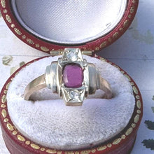 Charger l&#39;image dans la galerie, Antique Art Deco 9ct Gold French-Cut Pink Ruby &amp; White Spinel Ring. Vintage Emerald-Cut Rectangular Ruby Paste Geometric Ring Size N-1/2, 7
