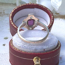 Charger l&#39;image dans la galerie, Antique Art Deco 9ct Gold French-Cut Pink Ruby &amp; White Spinel Ring. Vintage Emerald-Cut Rectangular Ruby Paste Geometric Ring Size N-1/2, 7
