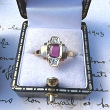 Charger l&#39;image dans la galerie, Antique Art Deco 9ct Gold French-Cut Pink Ruby &amp; White Spinel Ring. Vintage Emerald-Cut Rectangular Ruby Paste Geometric Ring Size N-1/2, 7
