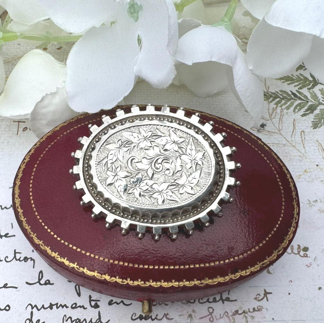Antique Victorian Sterling Silver Locket Brooch With Photo Compartment. Oval Aesthetic Engraved Ivy Victorian Sweetheart Brooch/Lapel Pin