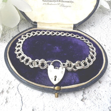 Vintage Georg Jensen Silver Curb Chain Bracelet With Heart Padlock Clasp, Dated 1970. Victorian Style Sterling Silver Sweetheart Bracelet