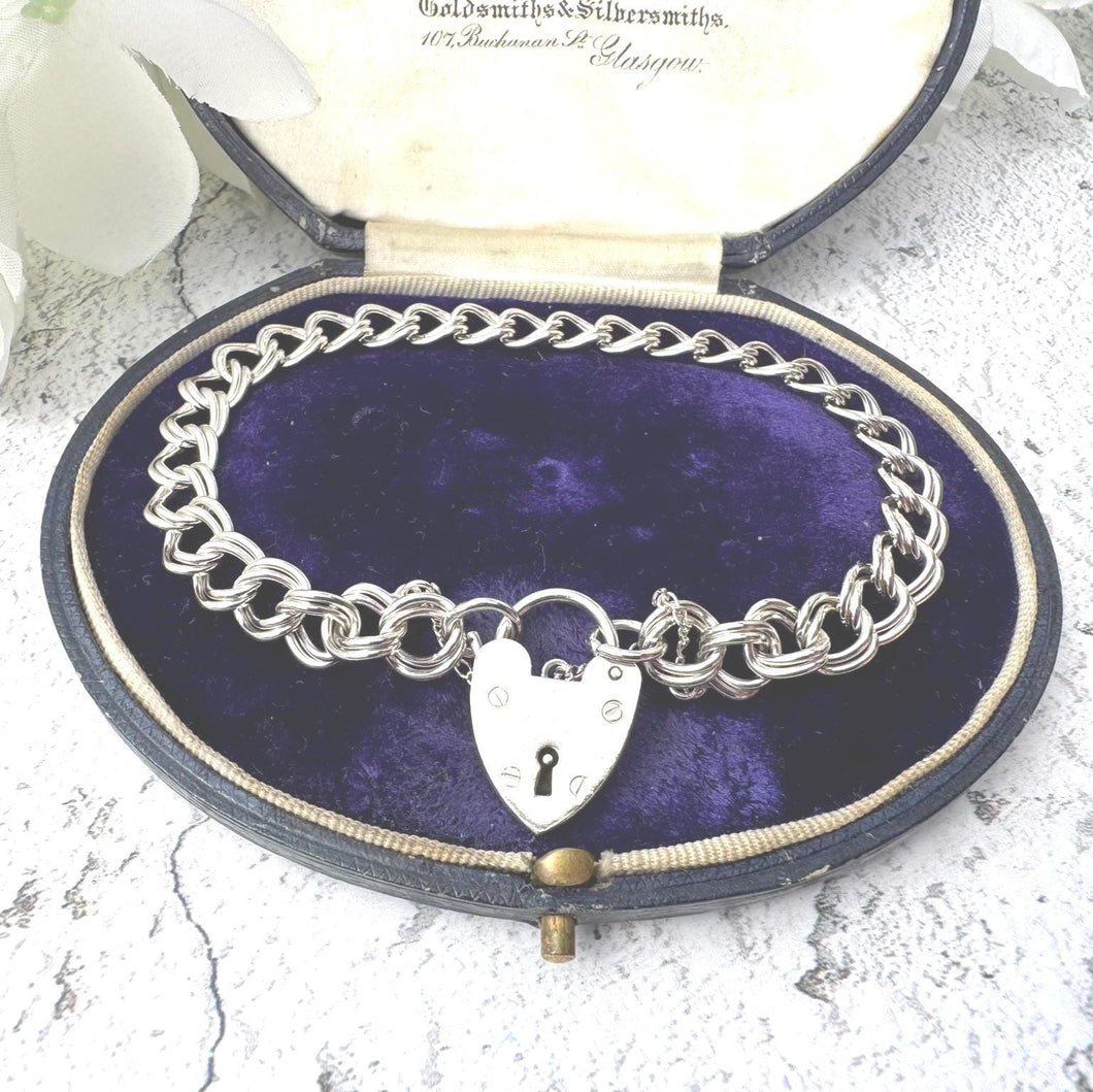 Vintage Georg Jensen Silver Curb Chain Bracelet With Heart Padlock Clasp, Dated 1970. Victorian Style Sterling Silver Sweetheart Bracelet