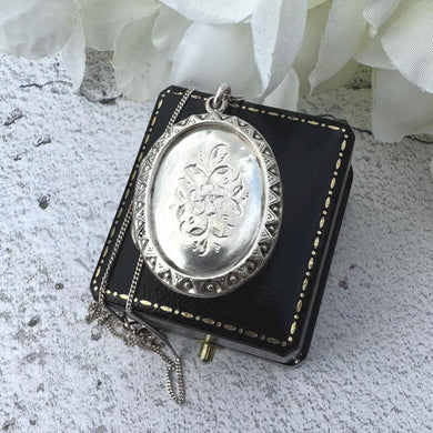 Antique Victorian Engraved Forget-Me-Not Sterling Silver Locket Pendant Necklace. Medium Oval Puffy 2-Sided Locket & Curb Chain
