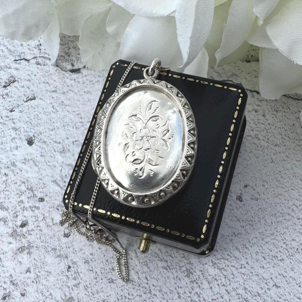 Antique Victorian Engraved Forget-Me-Not Sterling Silver Locket Pendant Necklace. Medium Oval Puffy 2-Sided Locket & Curb Chain