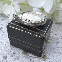 Charger l&#39;image dans la galerie, Antique Victorian Engraved Forget-Me-Not Sterling Silver Locket Pendant Necklace. Medium Oval Puffy 2-Sided Locket &amp; Curb Chain
