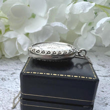 Charger l&#39;image dans la galerie, Antique Victorian Engraved Forget-Me-Not Sterling Silver Locket Pendant Necklace. Medium Oval Puffy 2-Sided Locket &amp; Curb Chain
