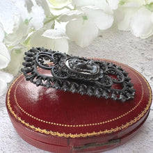 Lade das Bild in den Galerie-Viewer, Rare 19th Century Berlin Iron Large Rectangular Brooch. Antique Georgian Black Cast Iron Open-Work &amp; Steel Neoclassical Cameo Brooch, c1810
