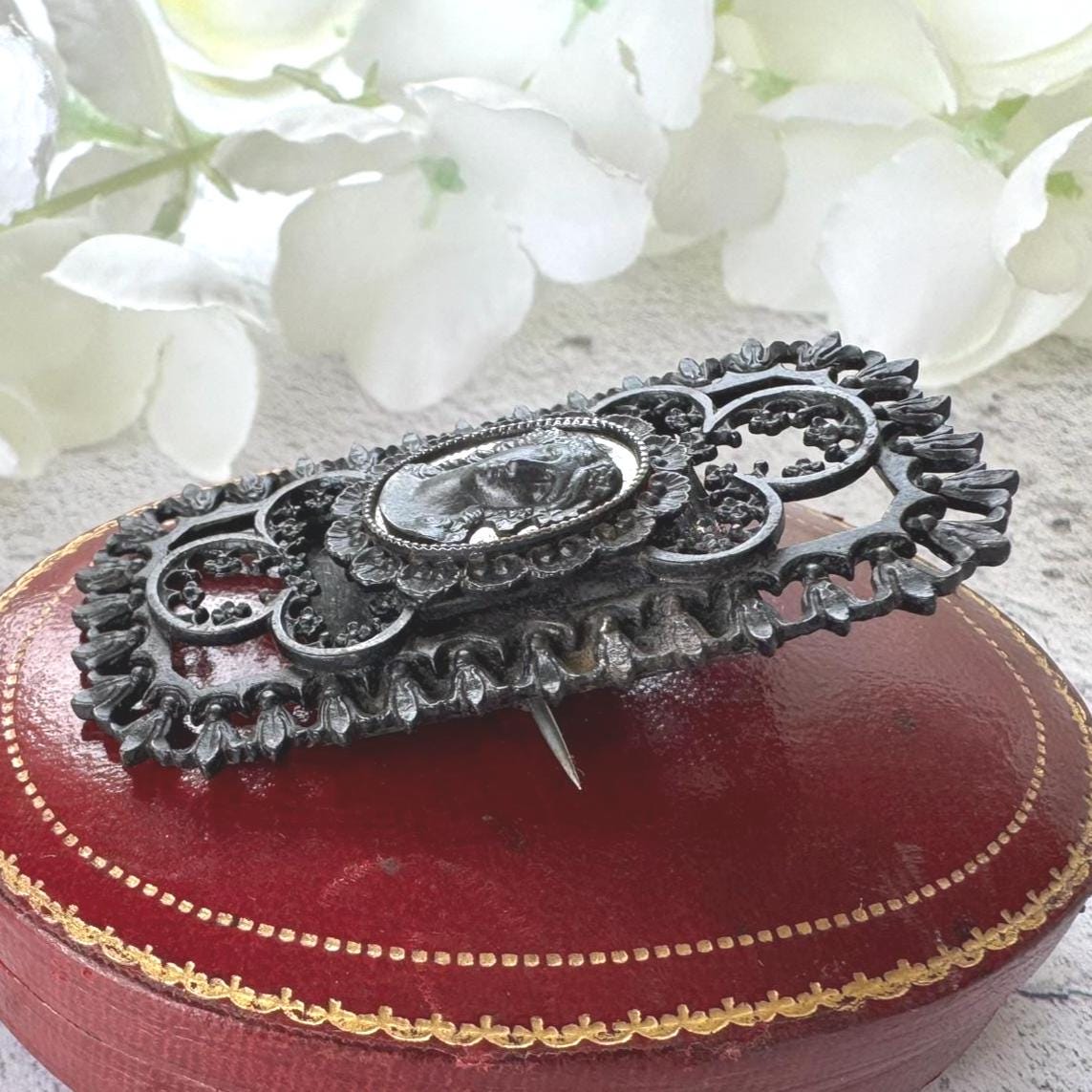 Antique Georgian Large Berlin Ironwork Neoclassical Brooch, Circa 1790