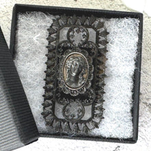 Lade das Bild in den Galerie-Viewer, Rare 19th Century Berlin Iron Large Rectangular Brooch. Antique Georgian Black Cast Iron Open-Work &amp; Steel Neoclassical Cameo Brooch, c1810
