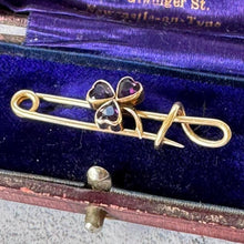 Cargar imagen en el visor de la galería, Antique Victorian Amethyst Heart Shamrock Rolled Gold Stock Pin Brooch. Nappy Pin Style Lapel/Cravat/Tie Pin. Antique Equestrian Jewellery

