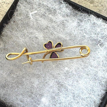 Cargar imagen en el visor de la galería, Antique Victorian Amethyst Heart Shamrock Rolled Gold Stock Pin Brooch. Nappy Pin Style Lapel/Cravat/Tie Pin. Antique Equestrian Jewellery
