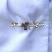 Cargar imagen en el visor de la galería, Antique Victorian Amethyst Heart Shamrock Rolled Gold Stock Pin Brooch. Nappy Pin Style Lapel/Cravat/Tie Pin. Antique Equestrian Jewellery
