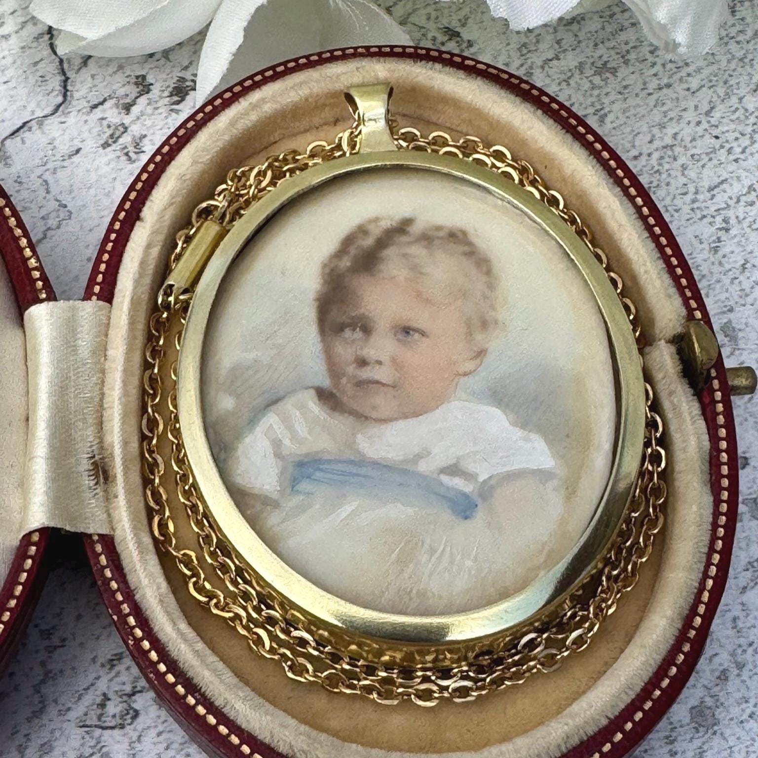 Antique Gold Gilt Baby Boy Portrait Miniature Pendant Necklace. Victorian/Edwardian Hand-Painted Picture Pendant Locket & Period Chain